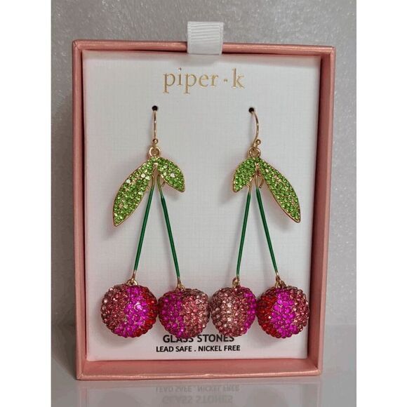 🍒 PIPER K Cherry Glass Stones Nickel Free Drop Statement Earrings NEW IN BOX - Picture 6 of 14